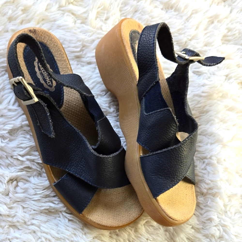 Azaleia Brasil Sweet Navy Blue Cross Strap Platform Rubber Sole Sandal 6.5